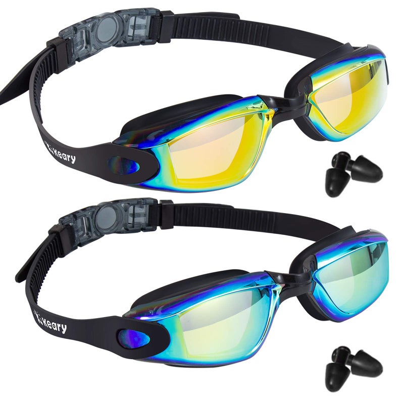 Keary Swim Goggles Pack of 2 Anti-Fog Swimming Goggles for Adults Women Men Youth Junior, No Leaking UV Protection Waterproof Mirrored Lens Triathlon Pool Goggles with 3 Size Nose Pieces & Earplugs - Image 1
